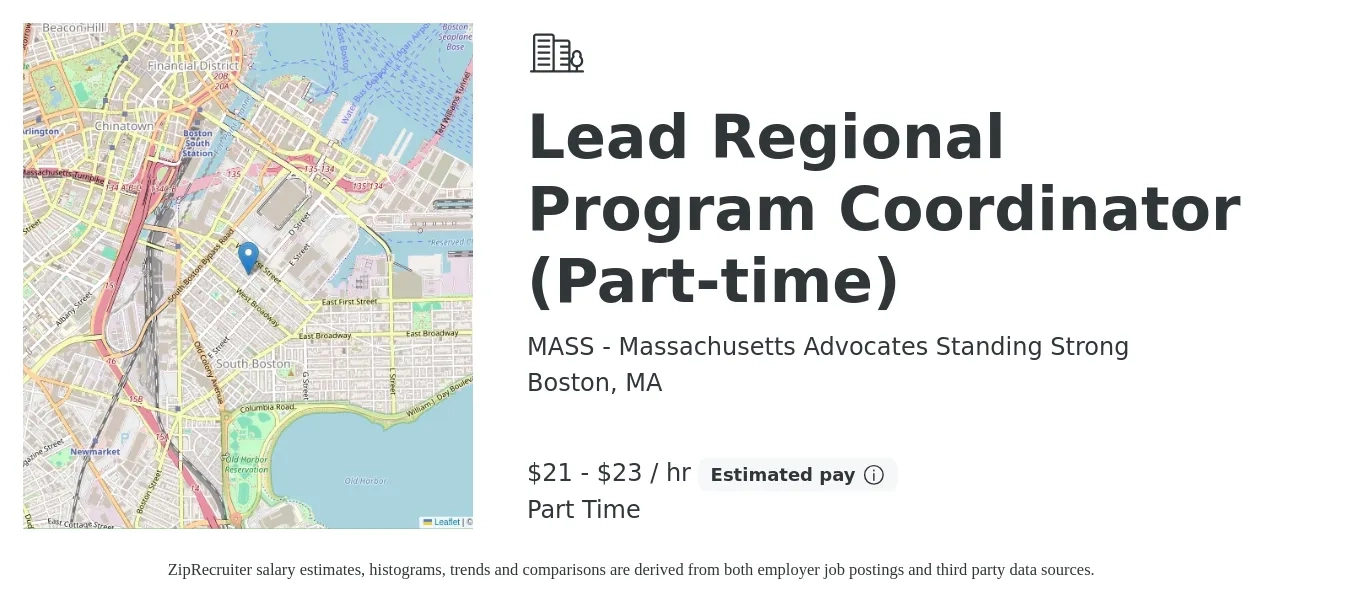 MASS - Massachusetts Advocates Standing Strong job posting for a Lead Regional Program Coordinator (Part-time) in Boston, MA with a salary of $22 to $24 Hourly with a map of Boston location.