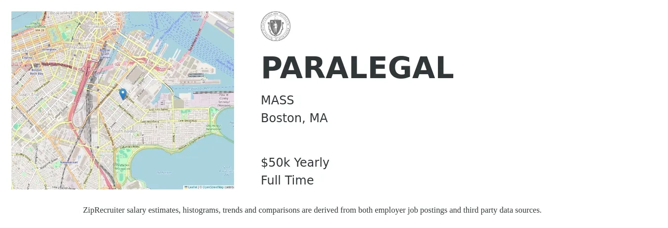 MASS job posting for a PARALEGAL in Boston, MA with a salary of $52,100 to $74,400 Yearly with a map of Boston location.