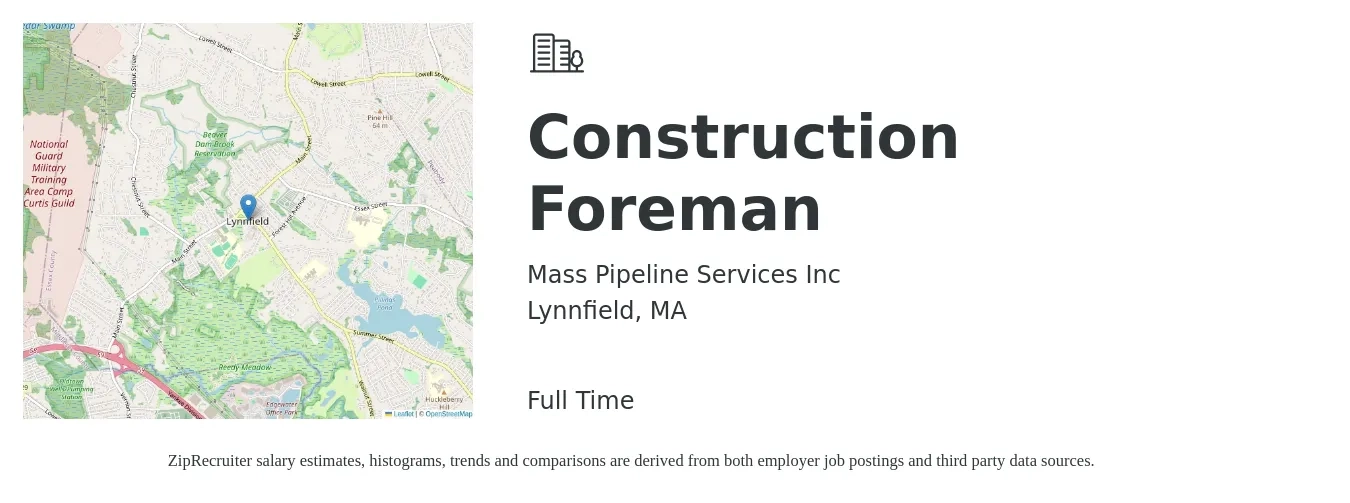 Mass Pipeline Services Inc job posting for a Construction Foreman in Lynnfield, MA with a salary of $74,900 to $121,900 Yearly with a map of Lynnfield location.
