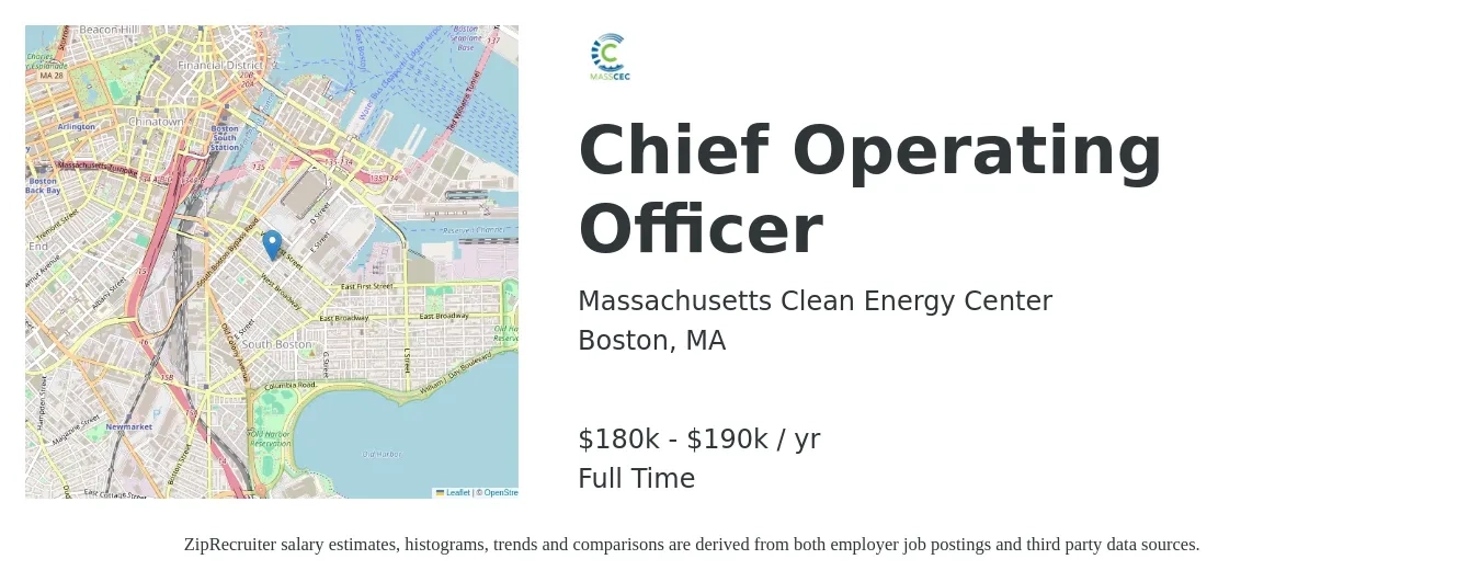 Massachusetts Clean Energy Center job posting for a Chief Operating Officer in Boston, MA with a salary of $180,000 to $190,000 Yearly with a map of Boston location.