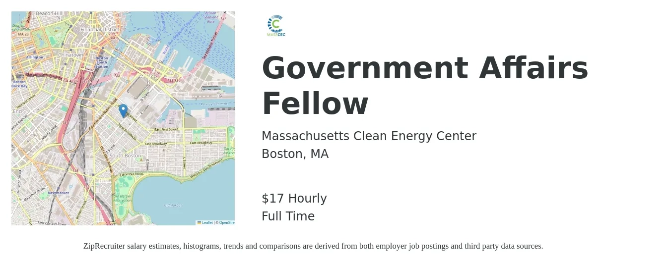 Massachusetts Clean Energy Center job posting for a Government Affairs Fellow in Boston, MA with a salary of $18 Hourly with a map of Boston location.