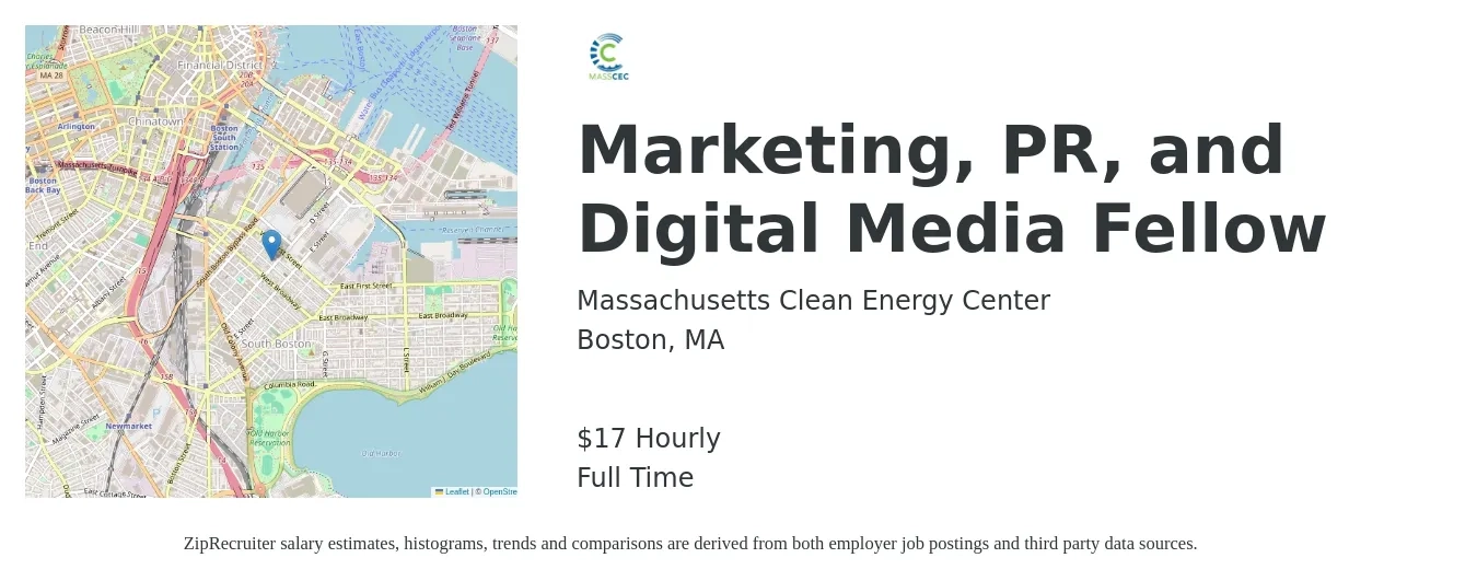 Massachusetts Clean Energy Center job posting for a Marketing, PR, and Digital Media Fellow in Boston, MA with a salary of $18 Hourly with a map of Boston location.