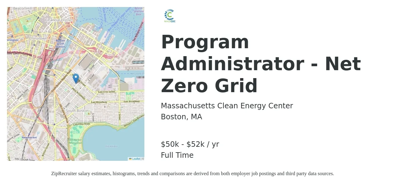 Massachusetts Clean Energy Center job posting for a Program Administrator - Net Zero Grid in Boston, MA with a salary of $50,000 to $52,000 Yearly with a map of Boston location.