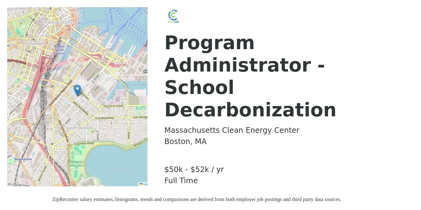 Massachusetts Clean Energy Center job posting for a Program Administrator - School Decarbonization in Boston, MA with a salary of $50,000 to $52,000 Yearly with a map of Boston location.