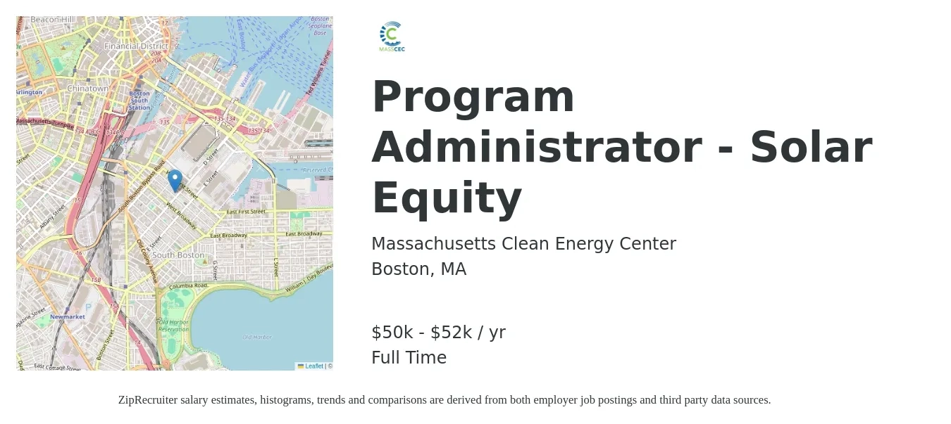 Massachusetts Clean Energy Center job posting for a Program Administrator - Solar Equity in Boston, MA with a salary of $50,000 to $52,000 Yearly with a map of Boston location.