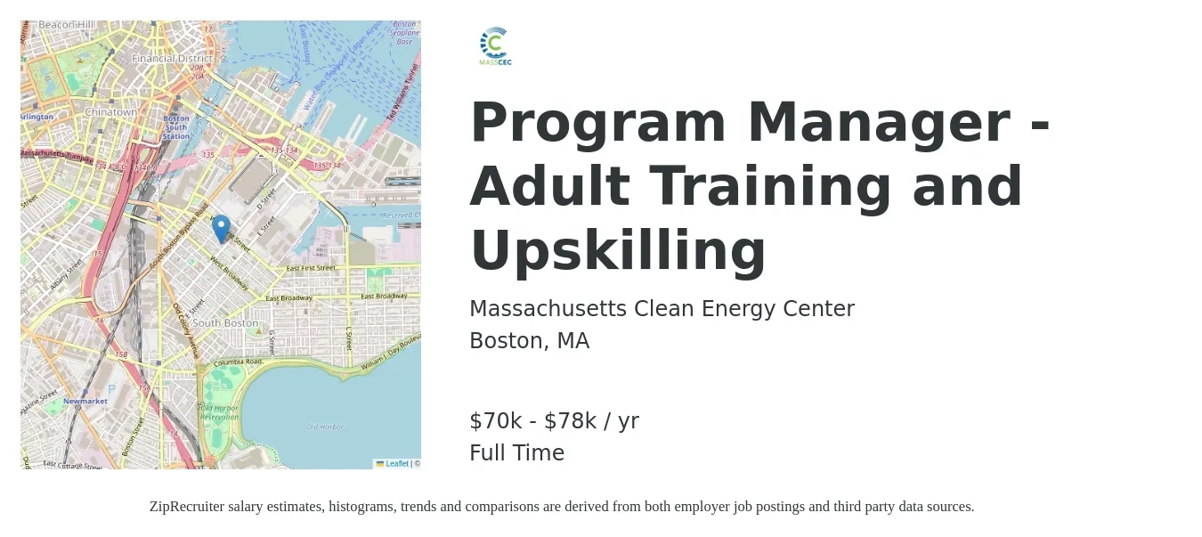 Massachusetts Clean Energy Center job posting for a Program Manager - Adult Training and Upskilling in Boston, MA with a salary of $70,000 to $78,000 Yearly with a map of Boston location.