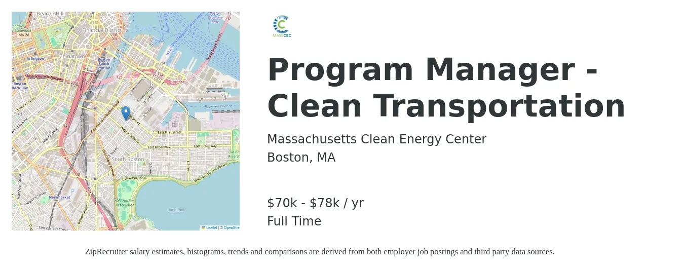 Massachusetts Clean Energy Center job posting for a Program Manager - Clean Transportation in Boston, MA with a salary of $70,000 to $78,000 Yearly with a map of Boston location.