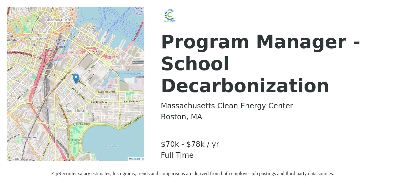 Massachusetts Clean Energy Center job posting for a Program Manager - School Decarbonization in Boston, MA with a salary of $70,000 to $78,000 Yearly with a map of Boston location.