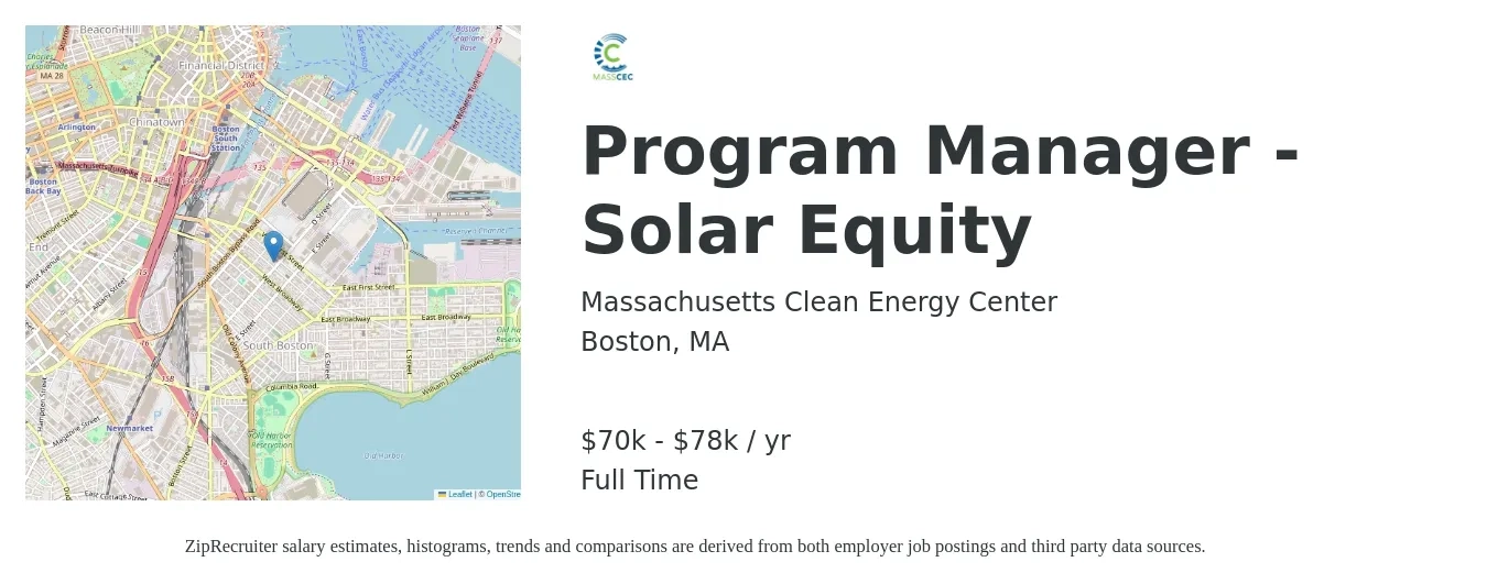 Massachusetts Clean Energy Center job posting for a Program Manager - Solar Equity in Boston, MA with a salary of $70,000 to $78,000 Yearly with a map of Boston location.