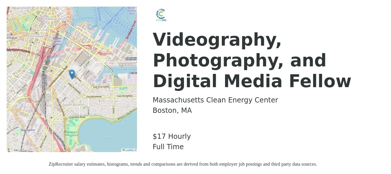 Massachusetts Clean Energy Center job posting for a Videography, Photography, and Digital Media Fellow in Boston, MA with a salary of $18 Hourly with a map of Boston location.