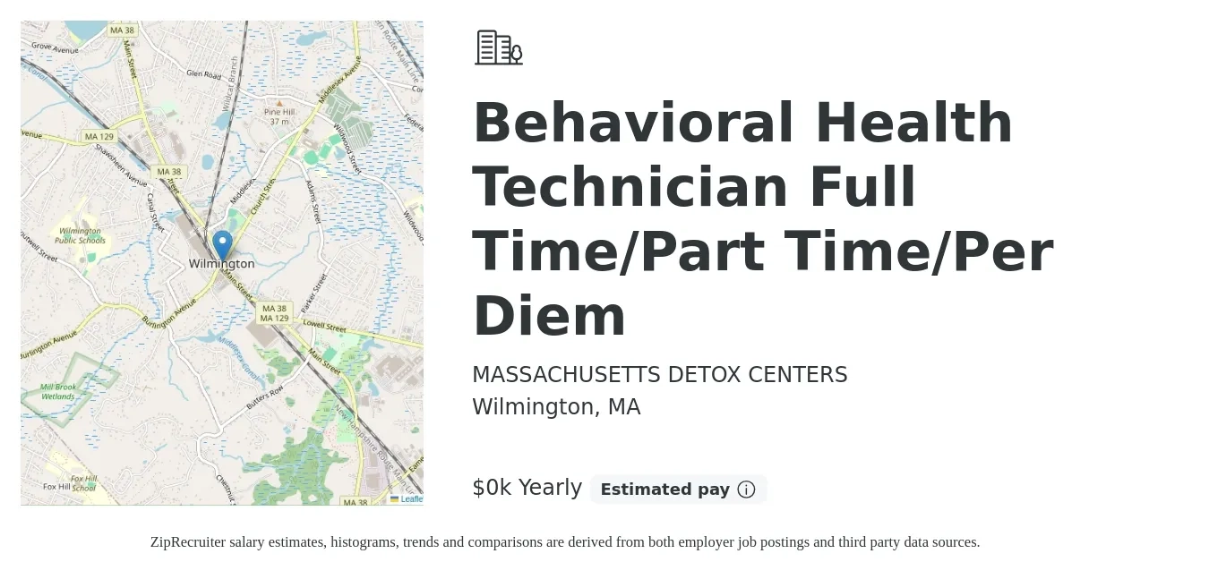 MASSACHUSETTS DETOX CENTERS job posting for a Behavioral Health Technician Full Time/Part Time/Per Diem in Wilmington, MA with a salary of $19 to $20 Yearly with a map of Wilmington location.