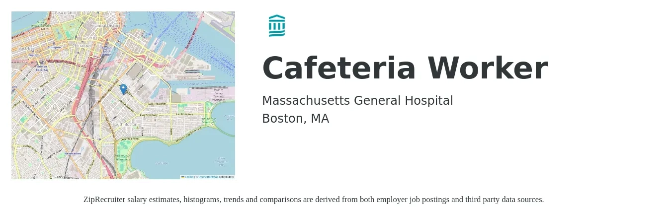 Massachusetts General Hospital job posting for a Cafeteria Worker in Boston, MA with a salary of $14 to $18 Hourly with a map of Boston location.