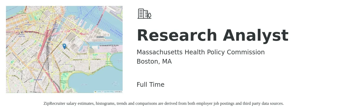 Massachusetts Health Policy Commission job posting for a Research Analyst in Boston, MA with a salary of $61,700 to $106,700 Yearly with a map of Boston location.