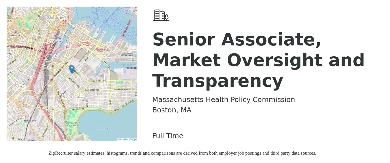 Massachusetts Health Policy Commission job posting for a Senior Associate, Market Oversight and Transparency in Boston, MA with a salary of $34 to $54 Hourly with a map of Boston location.