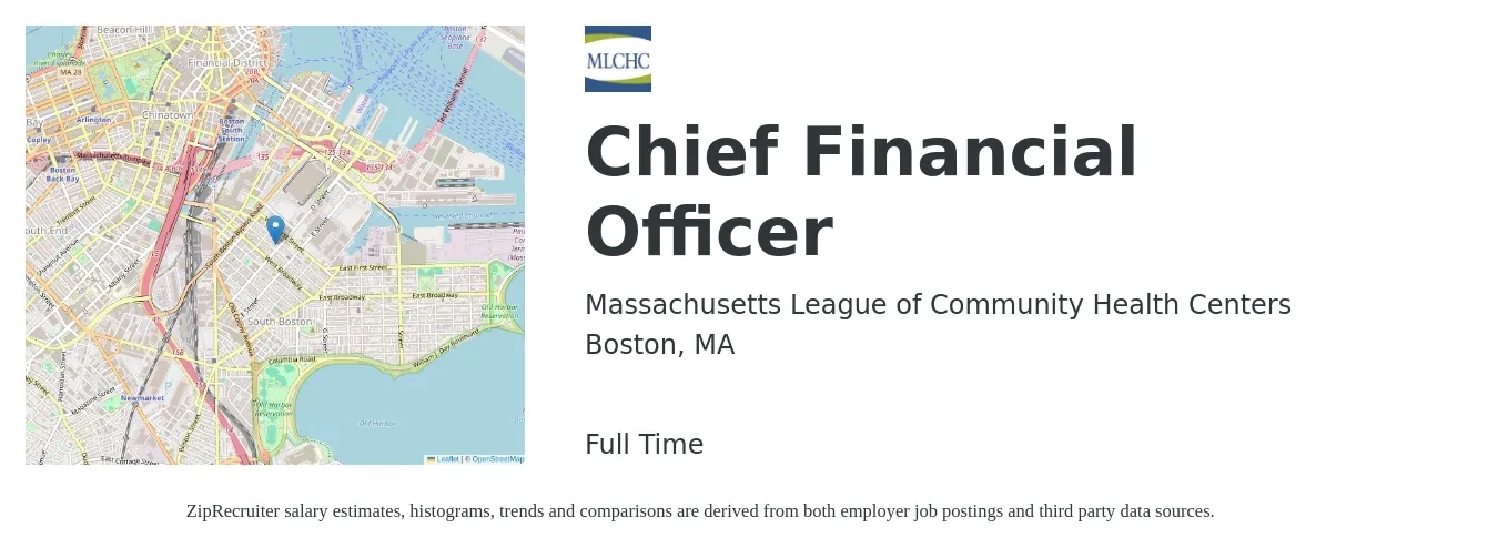 Massachusetts League of Community Health Centers job posting for a Chief Financial Officer in Boston, MA with a salary of $153,200 to $434,500 Yearly with a map of Boston location.