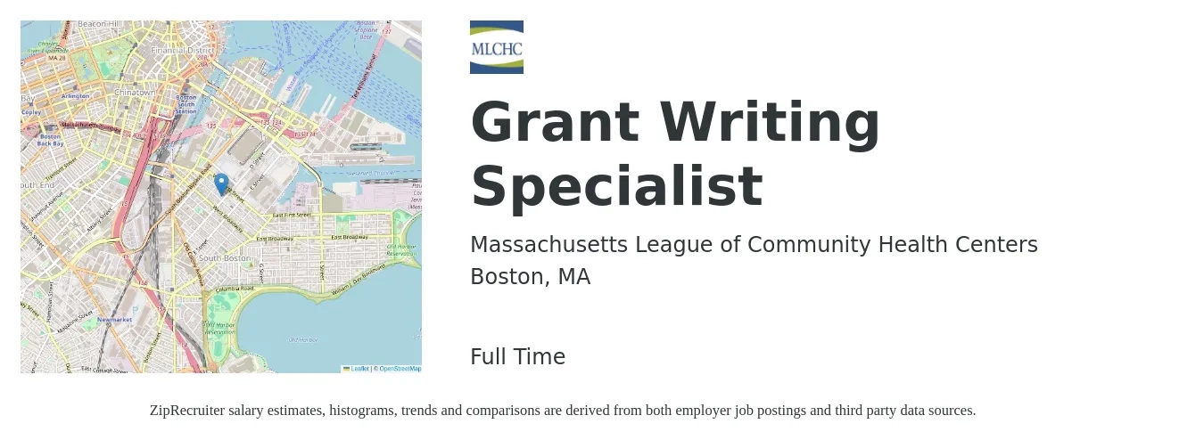 Massachusetts League of Community Health Centers job posting for a Grant Writing Specialist in Boston, MA with a salary of $61,900 to $107,000 Yearly with a map of Boston location.