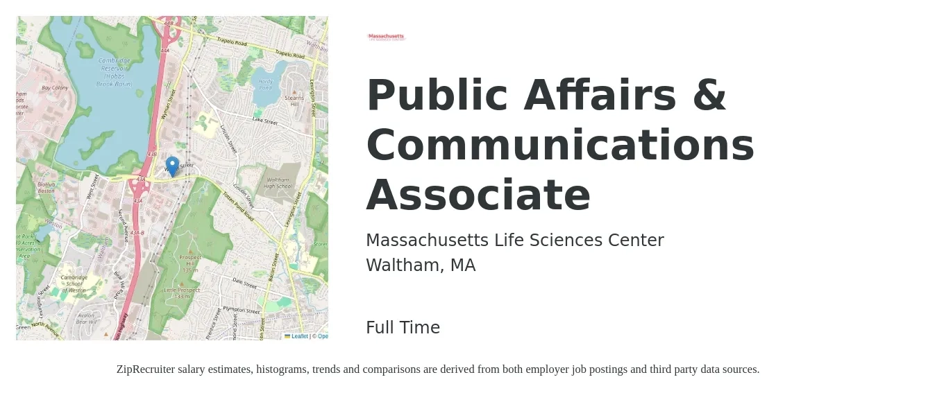 Massachusetts Life Sciences Center job posting for a Public Affairs & Communications Associate in Waltham, MA with a salary of $49,100 to $70,700 Yearly with a map of Waltham location.