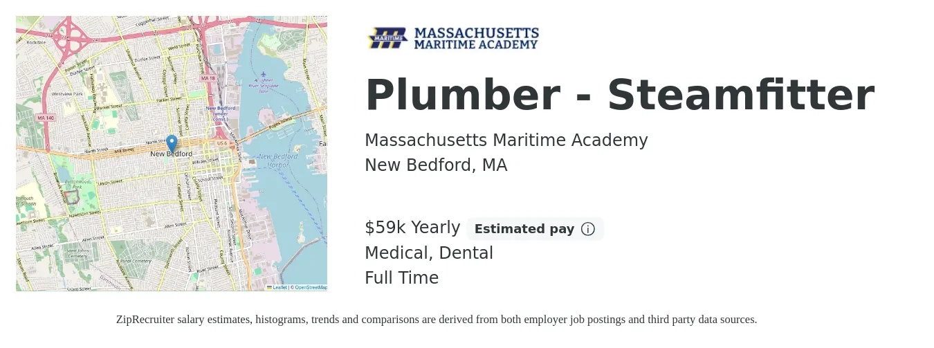 Massachusetts Maritime Academy job posting for a Plumber - Steamfitter in New Bedford, MA with a salary of $59,518 Yearly and benefits including medical, dental, and life_insurance with a map of New Bedford location.