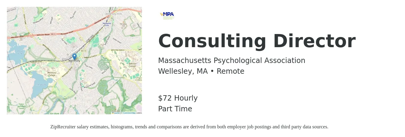 Massachusetts Psychological Association job posting for a Consulting Director in Wellesley, MA with a salary of $75 Hourly with a map of Wellesley location.