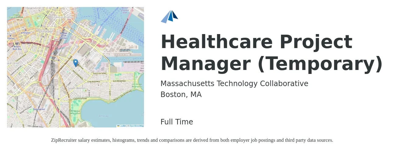 Massachusetts Technology Collaborative job posting for a Healthcare Project Manager (Temporary) in Boston, MA with a salary of $46 to $69 Hourly with a map of Boston location.