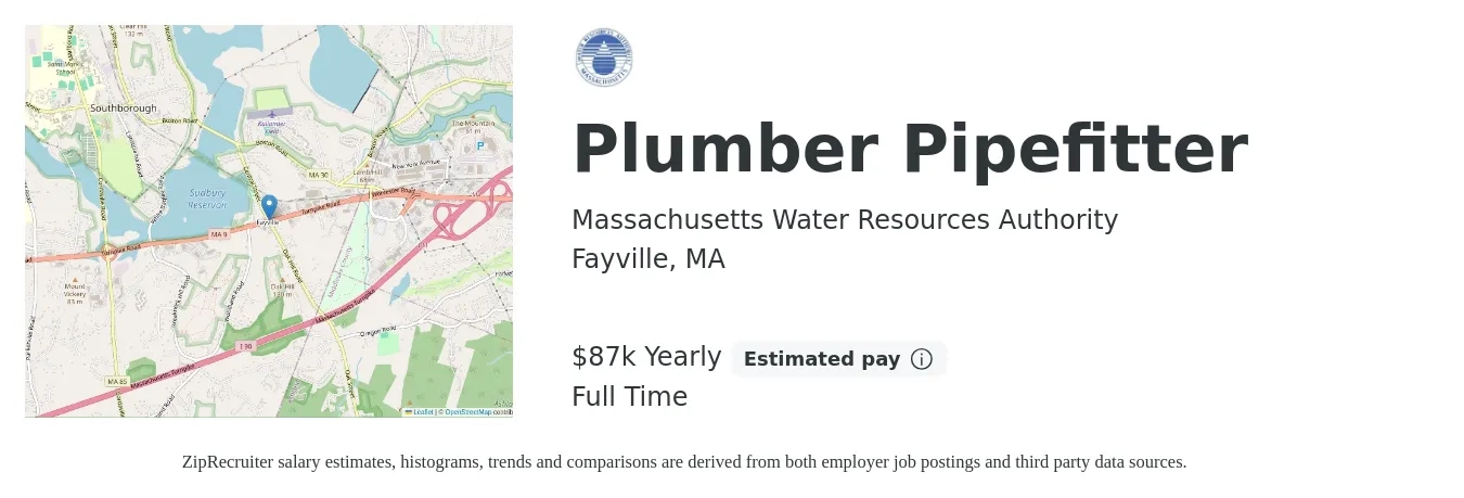 Massachusetts Water Resources Authority job posting for a Plumber Pipefitter in Fayville, MA with a salary of $87,926 Yearly with a map of Fayville location.
