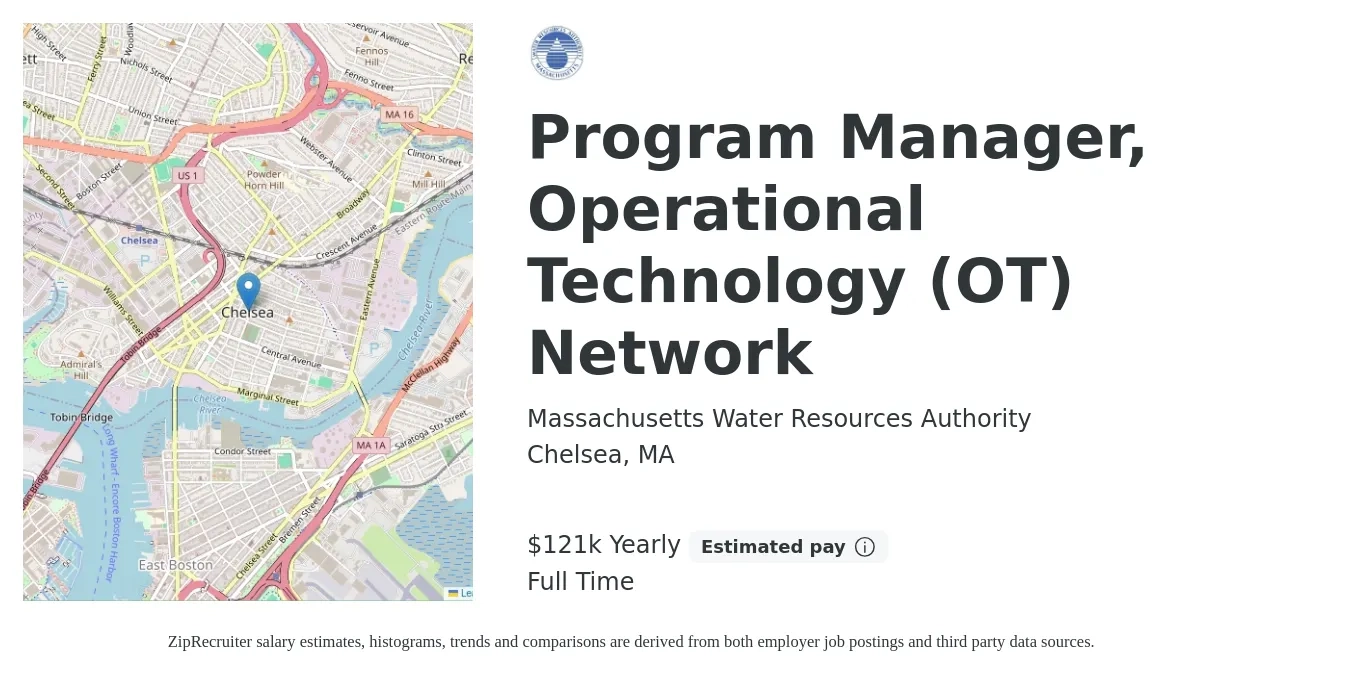 Massachusetts Water Resources Authority job posting for a Program Manager, Operational Technology (OT) Network in Chelsea, MA with a salary of $106,528 to $149,192 Yearly with a map of Chelsea location.