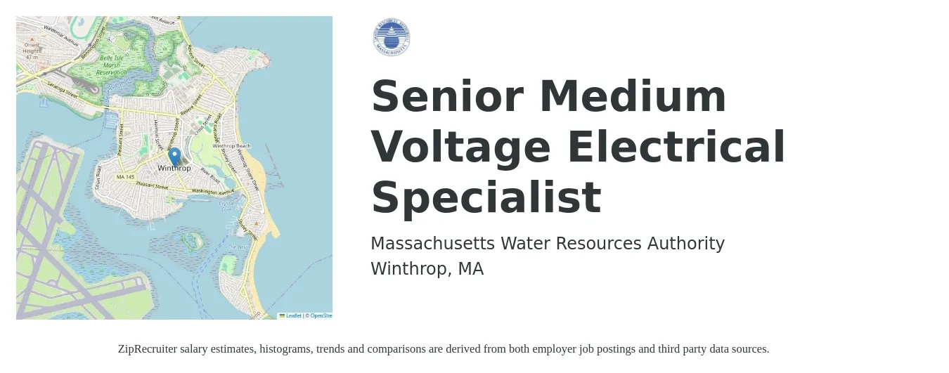 Massachusetts Water Resources Authority job posting for a Senior Medium Voltage Electrical Specialist in Winthrop, MA with a salary of $105,813 Yearly with a map of Winthrop location.