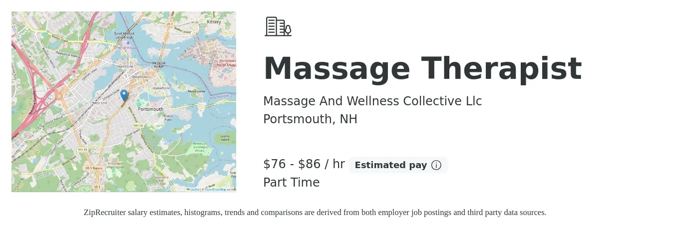 Massage And Wellness Collective Llc job posting for a Massage Therapist in Portsmouth, NH with a salary of $80 to $90 Hourly with a map of Portsmouth location.