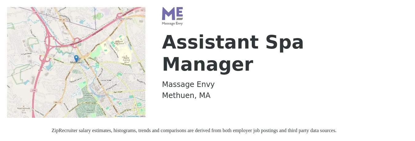Massage Envy job posting for a Assistant Spa Manager in Methuen, MA with a salary of $16 to $19 Hourly with a map of Methuen location.