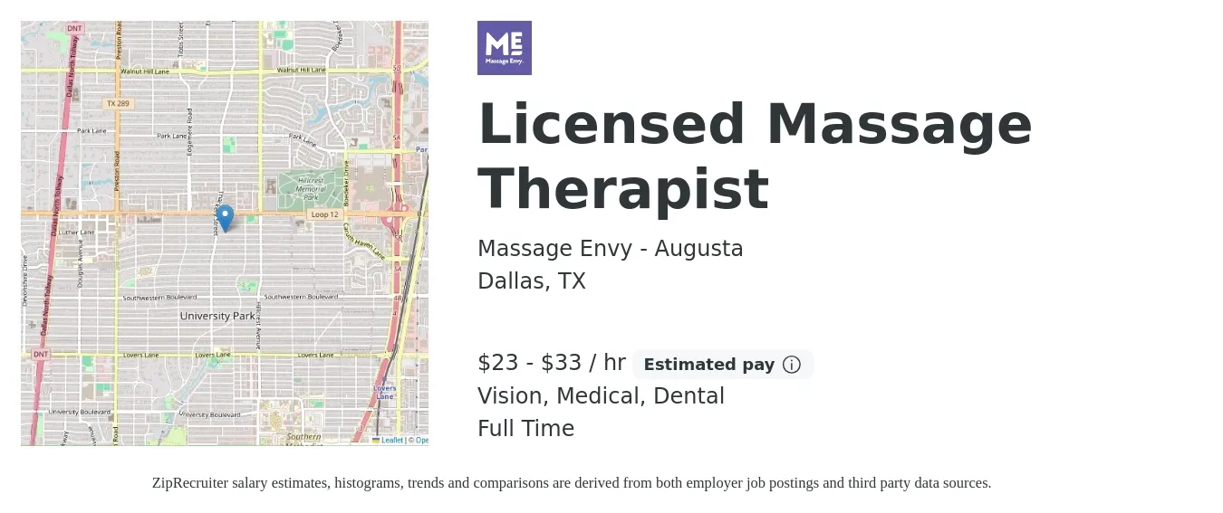 Massage Envy - Augusta job posting for a Licensed Massage Therapist in Dallas, TX with a salary of $24 to $35 Hourly (plus commission) and benefits including dental, medical, pto, and vision with a map of Dallas location.