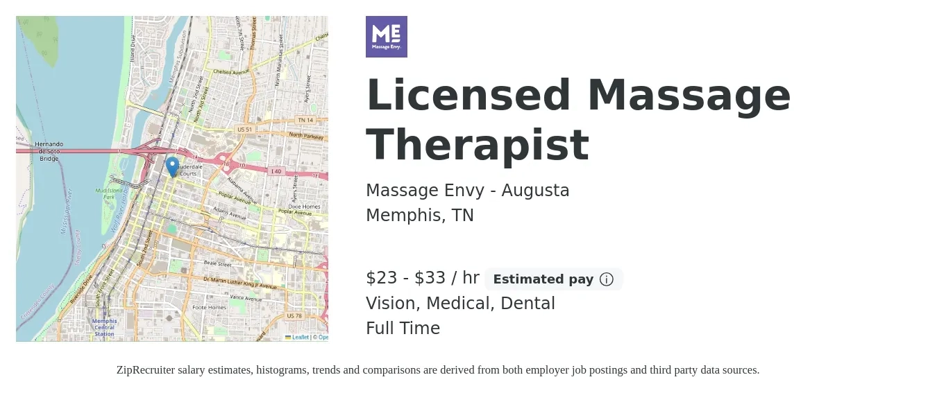 Massage Envy - Augusta job posting for a Licensed Massage Therapist in Memphis, TN with a salary of $24 to $35 Hourly (plus commission) and benefits including pto, vision, dental, and medical with a map of Memphis location.