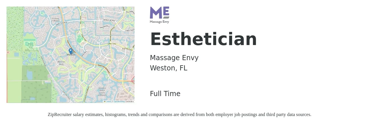 Massage Envy job posting for a Esthetician in Weston, FL with a salary of $15 to $27 Hourly with a map of Weston location.