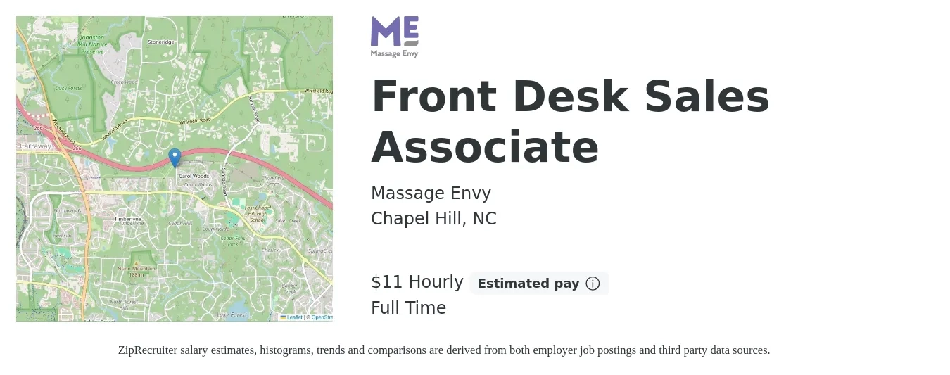 Massage Envy job posting for a Front Desk Sales Associate in Chapel Hill, NC with a salary of $12 Hourly with a map of Chapel Hill location.