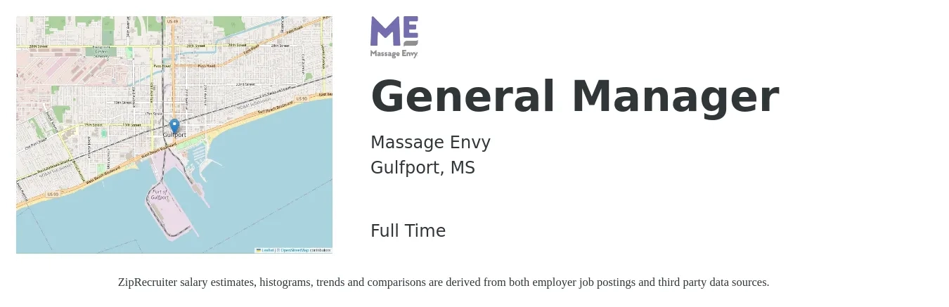 Massage Envy job posting for a General Manager in Gulfport, MS with a salary of $49,200 to $73,600 Yearly with a map of Gulfport location.
