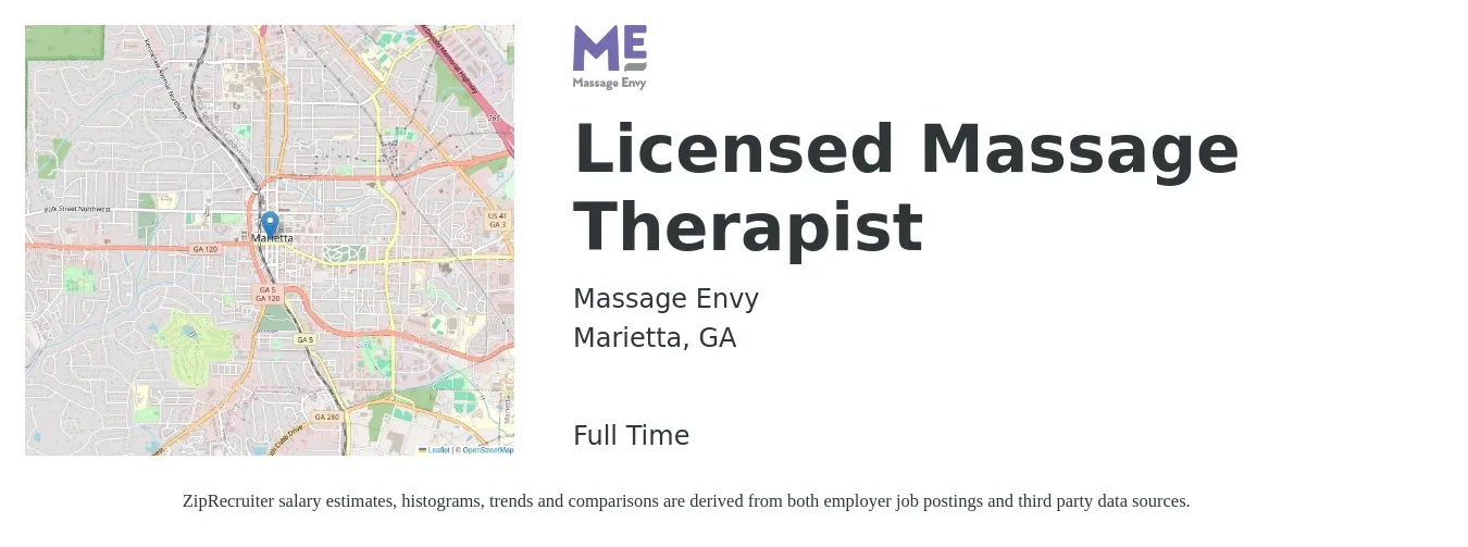 Massage Envy job posting for a Licensed Massage Therapist in Marietta, GA with a salary of $1,000 Weekly with a map of Marietta location.