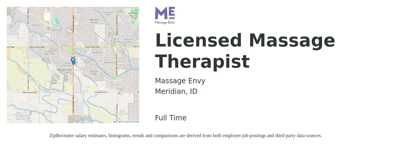 Massage Envy job posting for a Licensed Massage Therapist in Meridian, ID with a salary of $1,700 Weekly with a map of Meridian location.