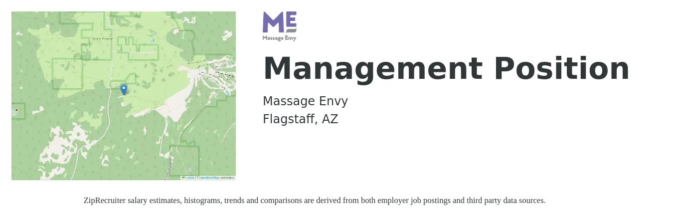 Massage Envy job posting for a Management Position in Flagstaff, AZ with a salary of $37,700 to $50,900 Yearly with a map of Flagstaff location.