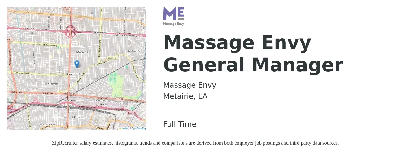 Massage Envy job posting for a Massage Envy General Manager in Metairie, LA with a salary of $55,000 to $60,000 Yearly with a map of Metairie location.