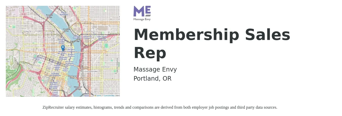 Massage Envy job posting for a Membership Sales Rep in Portland, OR with a salary of $400 to $655 Weekly with a map of Portland location.