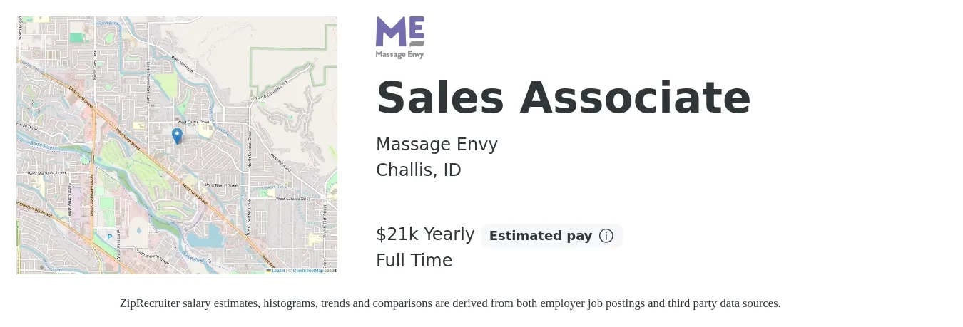 Massage Envy job posting for a Sales Associate in Challis, ID with a salary of $21,000 Yearly with a map of Challis location.