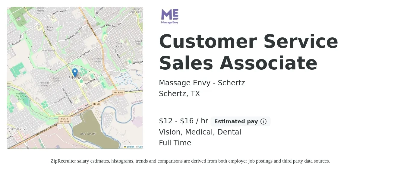 Massage Envy - Schertz job posting for a Customer Service Sales Associate in Schertz, TX with a salary of $13 to $17 Hourly and benefits including life_insurance, medical, pto, retirement, vision, and dental with a map of Schertz location.