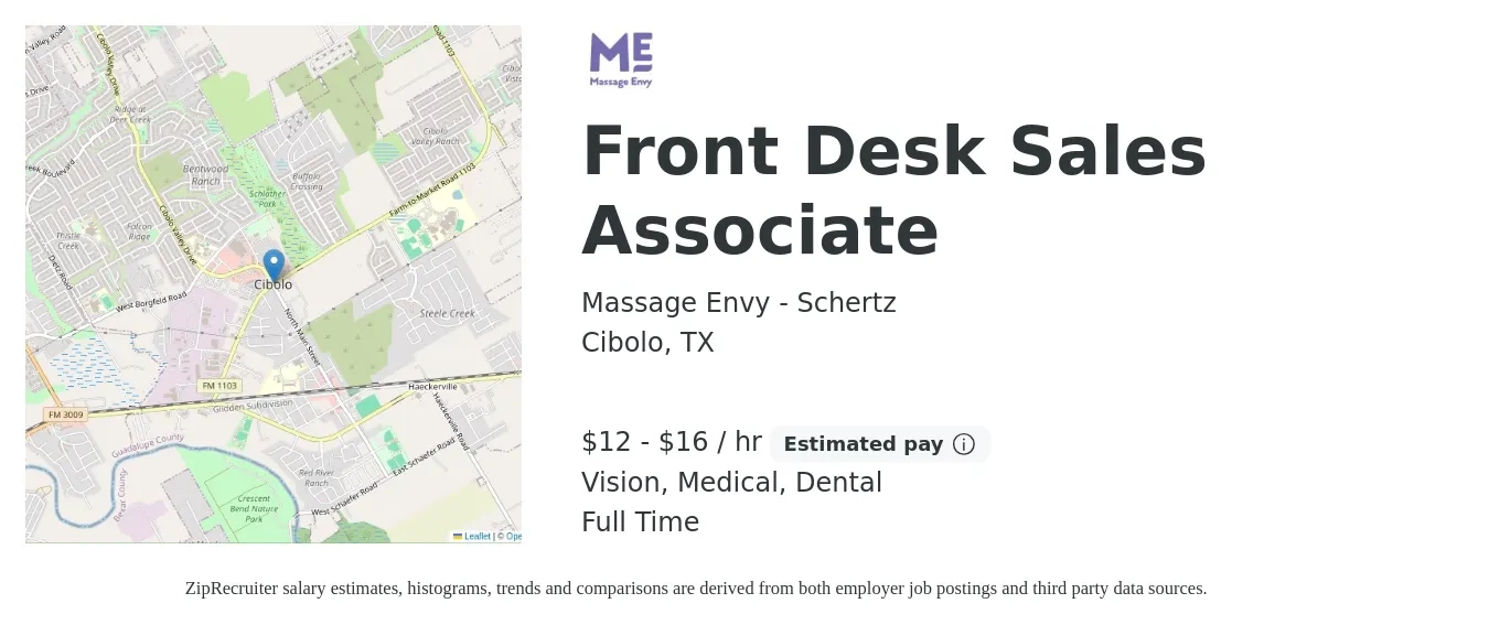 Massage Envy - Schertz job posting for a Front Desk Sales Associate in Cibolo, TX with a salary of $13 to $17 Hourly and benefits including retirement, vision, dental, life_insurance, medical, and pto with a map of Cibolo location.