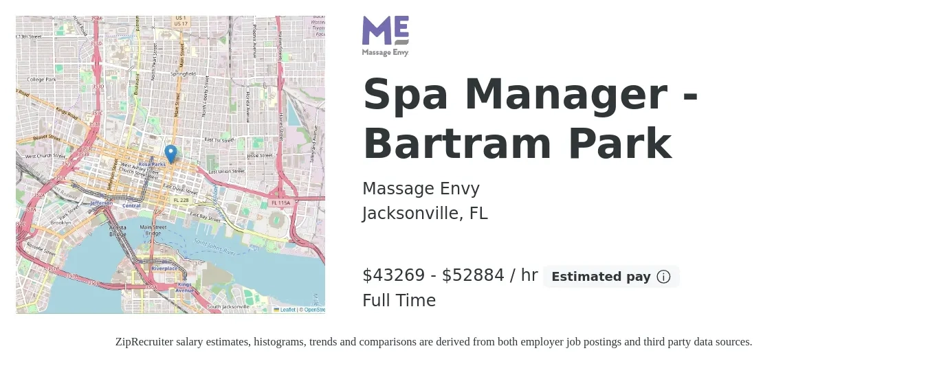 Massage Envy job posting for a Spa Manager - Bartram Park in Jacksonville, FL with a salary of $45,000 to $55,000 Hourly with a map of Jacksonville location.