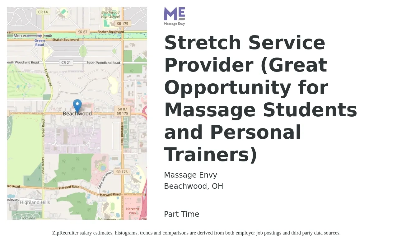 Massage Envy job posting for a Stretch Service Provider (Great Opportunity for Massage Students and Personal Trainers) in Beachwood, OH with a salary of $48,100 to $67,800 Yearly with a map of Beachwood location.