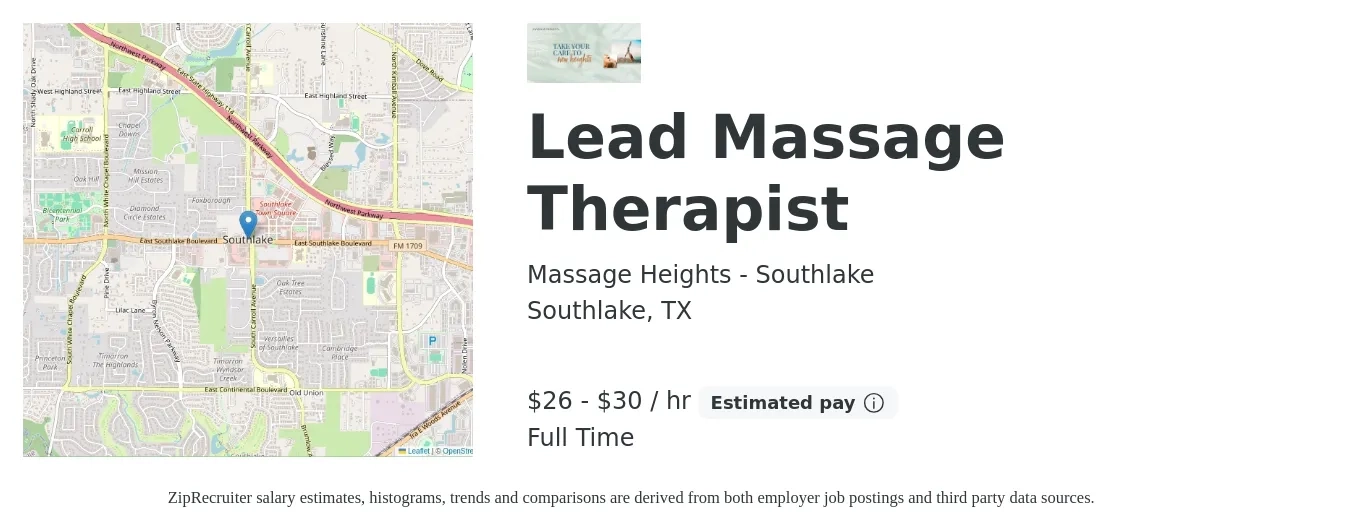 Massage Heights - Southlake job posting for a Lead Massage Therapist in Southlake, TX with a salary of $28 to $32 Hourly with a map of Southlake location.