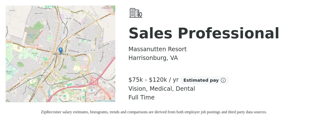 Massanutten Resort job posting for a Sales Professional in Harrisonburg, VA with a salary of $75,000 to $120,000 Yearly and benefits including retirement, vision, dental, life_insurance, and medical with a map of Harrisonburg location.