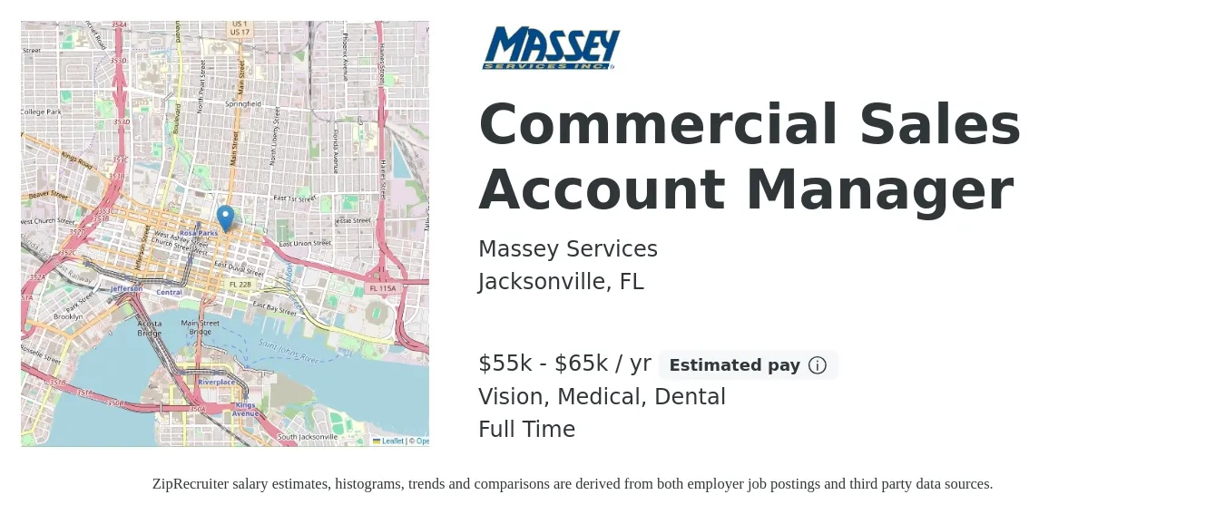 Massey Services job posting for a Commercial Sales Account Manager in Jacksonville, FL with a salary of $55,000 to $65,000 Yearly and benefits including dental, life_insurance, medical, pto, and vision with a map of Jacksonville location.