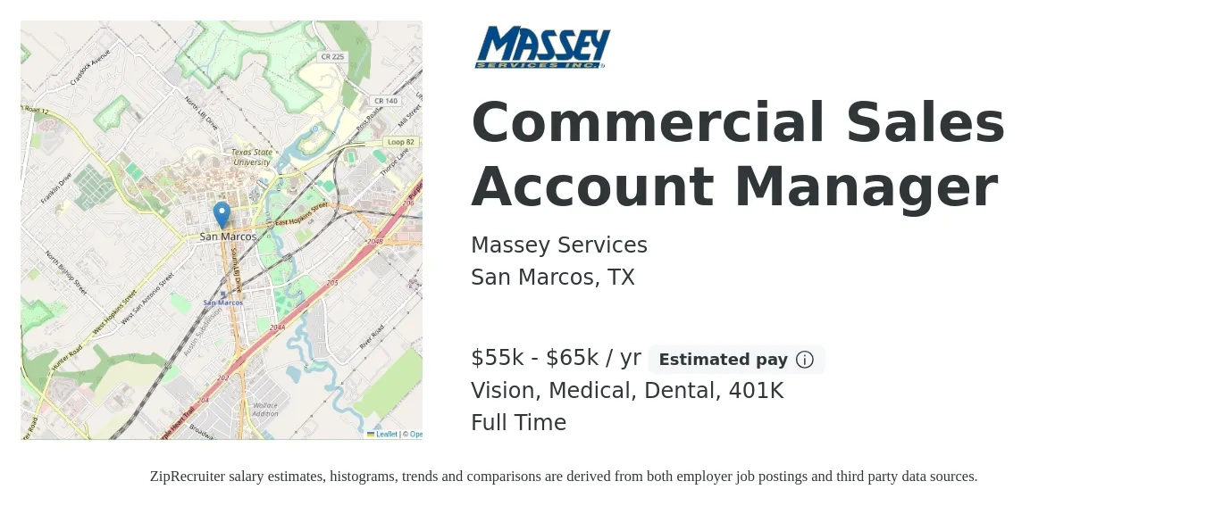 Massey Services job posting for a Commercial Sales Account Manager in San Marcos, TX with a salary of $55,000 to $65,000 Yearly and benefits including vision, 401k, dental, life_insurance, and medical with a map of San Marcos location.