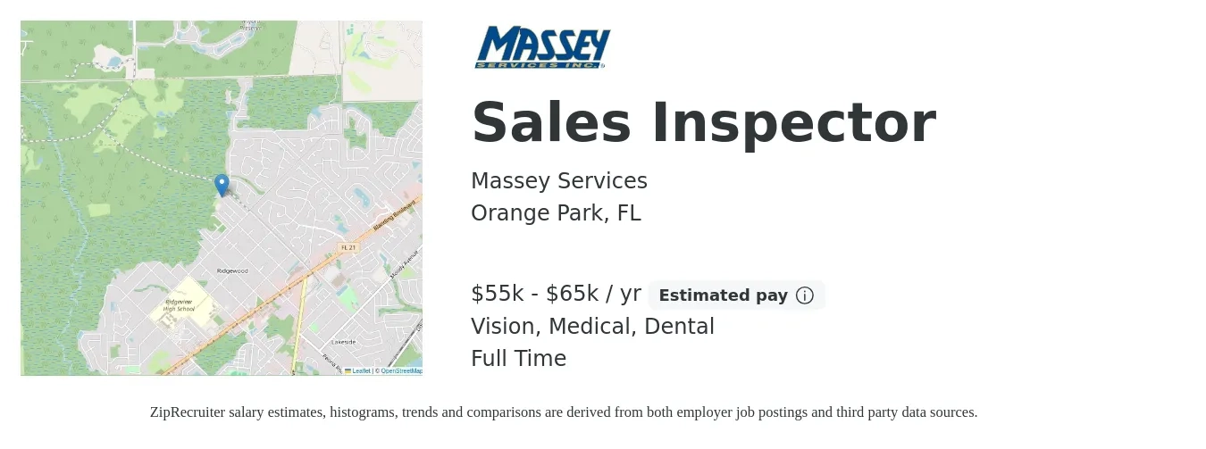 Massey Services job posting for a Sales Inspector in Orange Park, FL with a salary of $55,000 to $65,000 Yearly and benefits including dental, life_insurance, medical, pto, and vision with a map of Orange Park location.