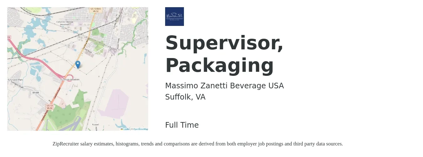Massimo Zanetti Beverage USA job posting for a Supervisor, Packaging in Suffolk, VA with a salary of $45,200 to $66,600 Yearly with a map of Suffolk location.